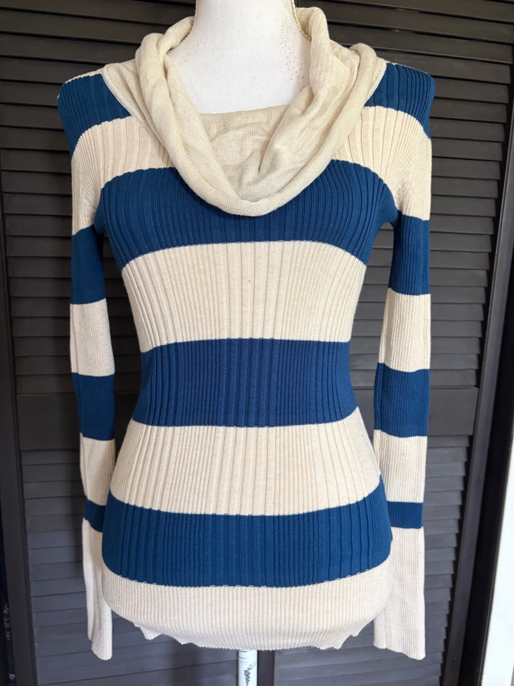 Striped Blue and Cream Cowl Neck Women’s Sweater